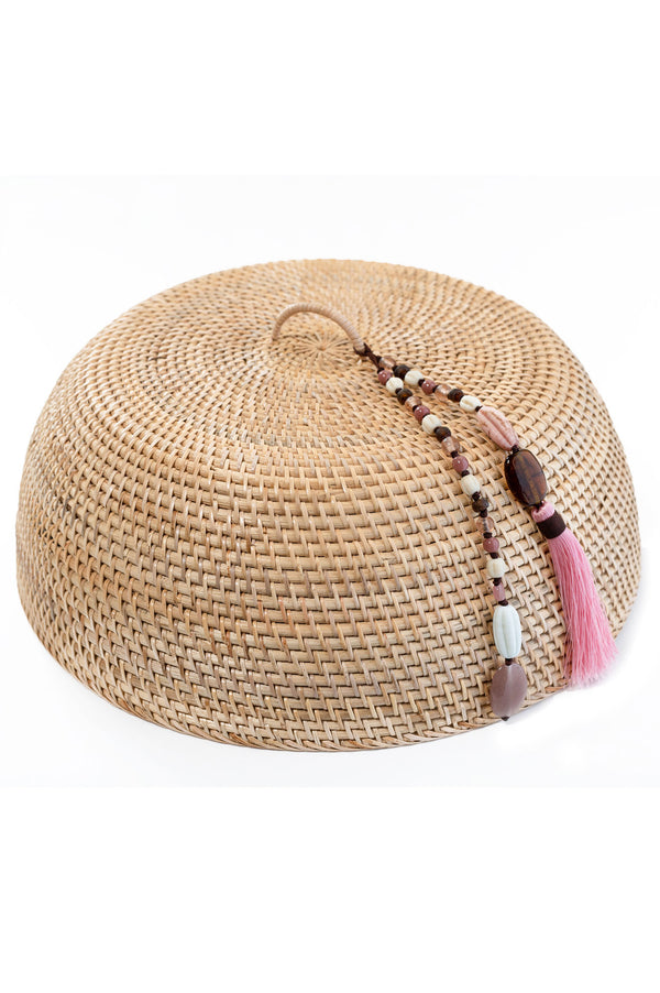 Rattan Food Cover Natural Brown with Pink Tassel